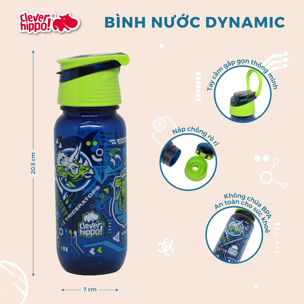 Bình nước nhựa Dino Mech Rex Xanh Navy CLEVERHIPPO WB01