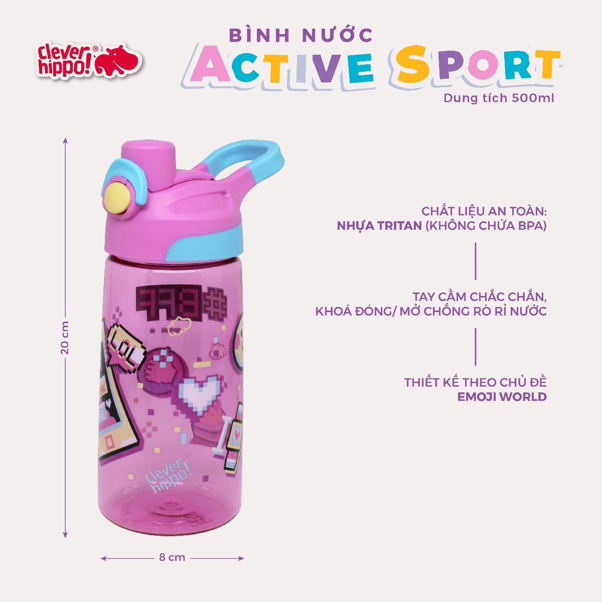 Bình nước TRITAN Emoji World Hồng CLEVERHIPPO WB02