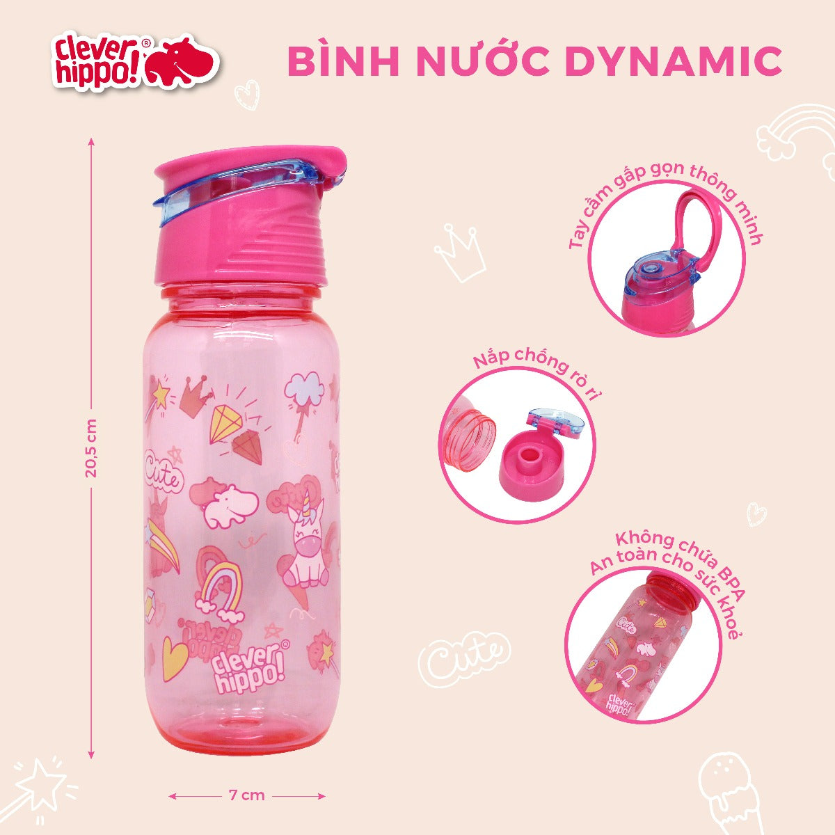 Bình nước nhựa Rainbow Unicorn Hồng CLEVERHIPPO WB01