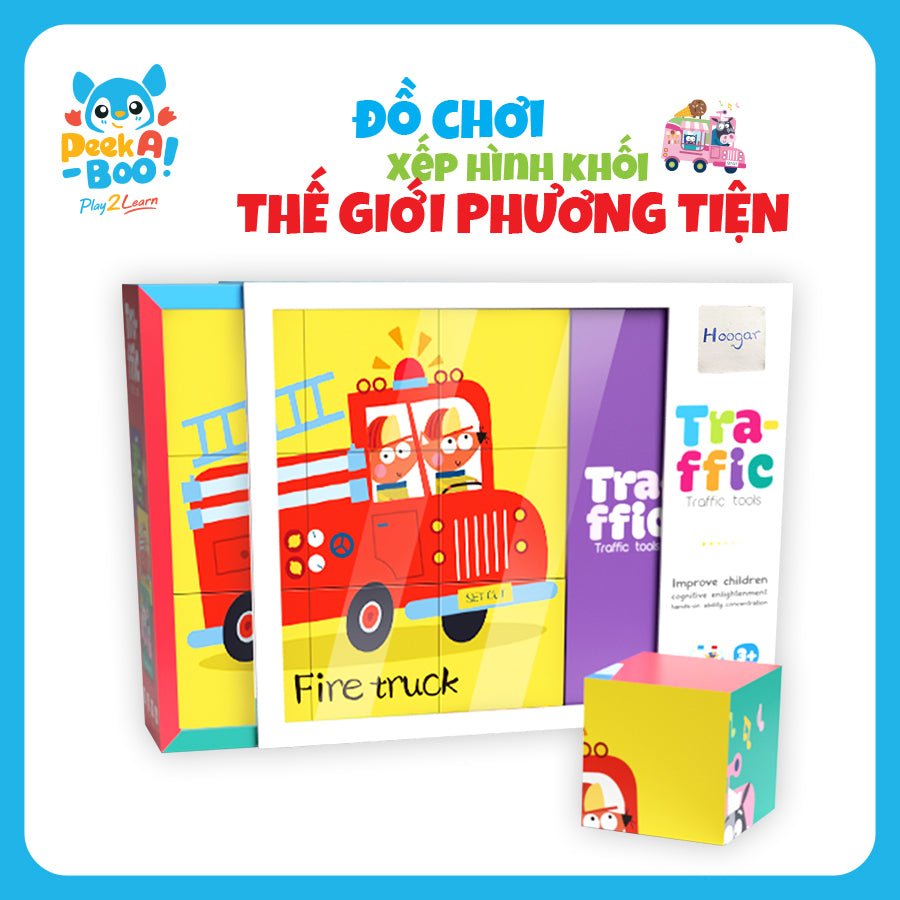 Đồ chơi xếp hình khối 9 chi tiết-Thế giới phương tiện PEEK A BOO PAB041T